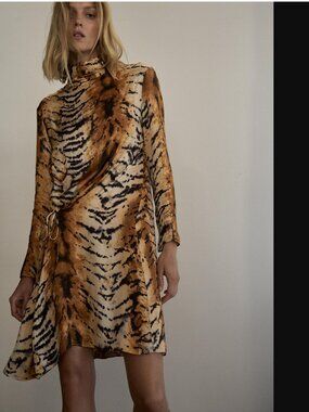 ZARA ZW COLLECTION WOMEN MULTICOLOR  ANIMAL PRINT MINI SATIN DRESS SIZE XS NWT